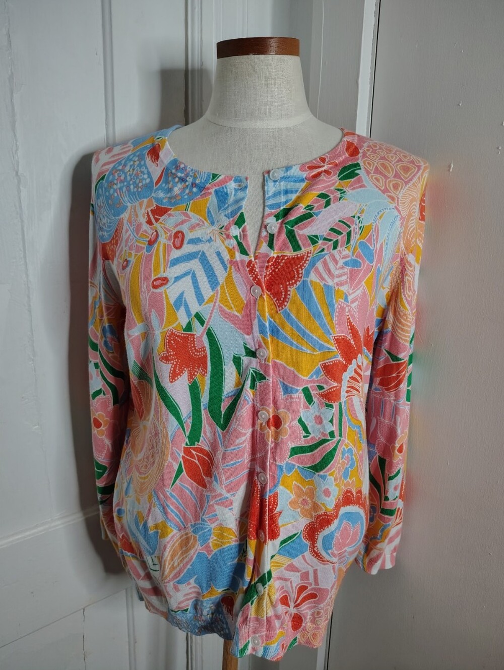 Talbots Charming Cardigan Marvelous Floral Print Three-Quarter Sleeve Womens L